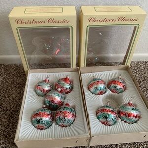 9 Vtg Christmas Classics Glass Ornaments Red Green Silver Glitter Tree Decor 2”